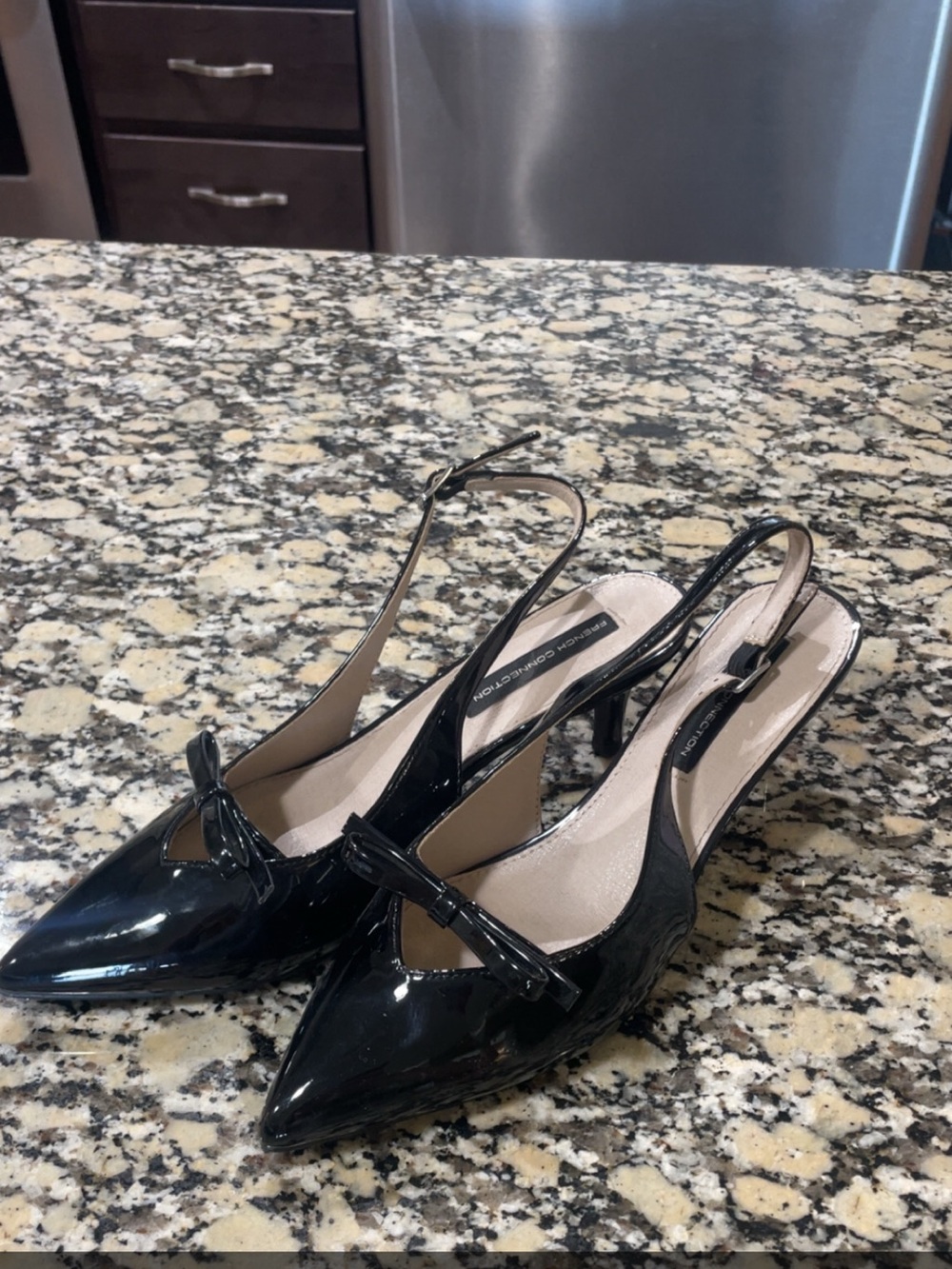 French Connection Black Patent Slingback Kitten Heels with Bow